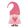 Cute Valentine`s gnome holds love heart in her hands. Cartoon Valentines gnome in pink pastel colors. Dwarf Valentine`s Day decor.
